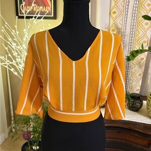 Yellow and White 3/4 Sleeve Boxy Crop Blouse